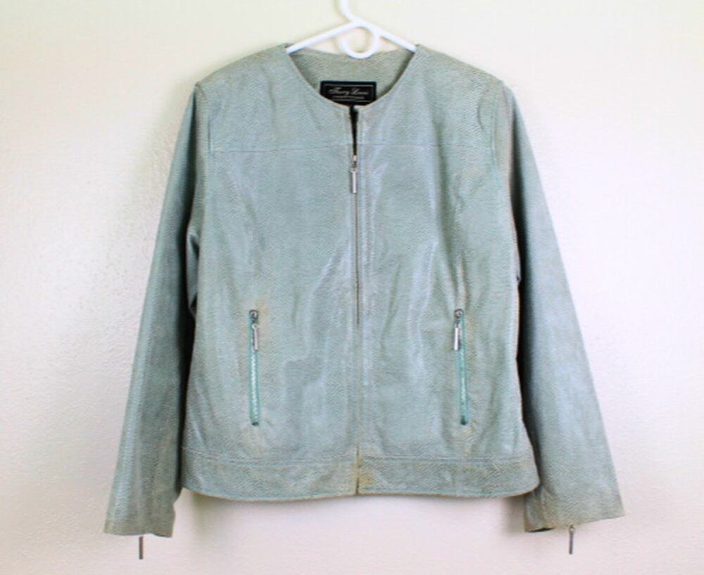 Terry Lewis Suede Jacket Womens Sz Medium Light Green Snake Print Cropped Moto